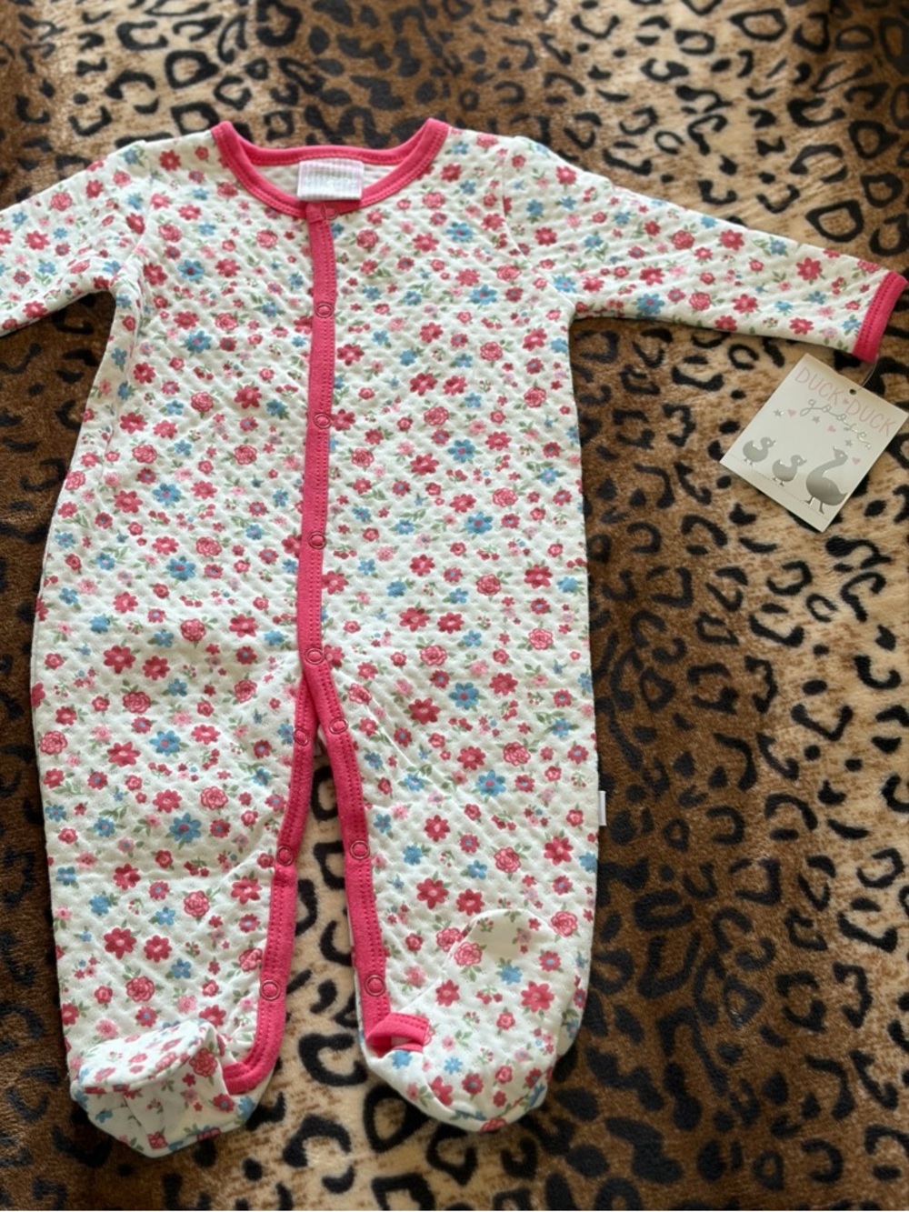 Baby Floral Footed One-Piece with Pink Trim